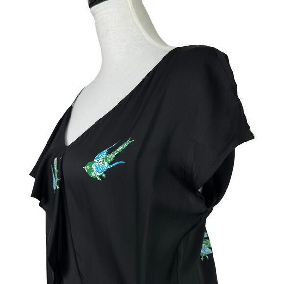 Diane von Furstenberg Black Bird Print Asymmetric Silk Jersey Ruffle Dress - Picture 7 of 12